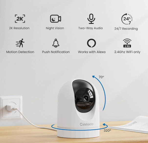 Indoor Security Camera 2K 360° WiFi Phone App SD Card Storage Works w/ Alexa