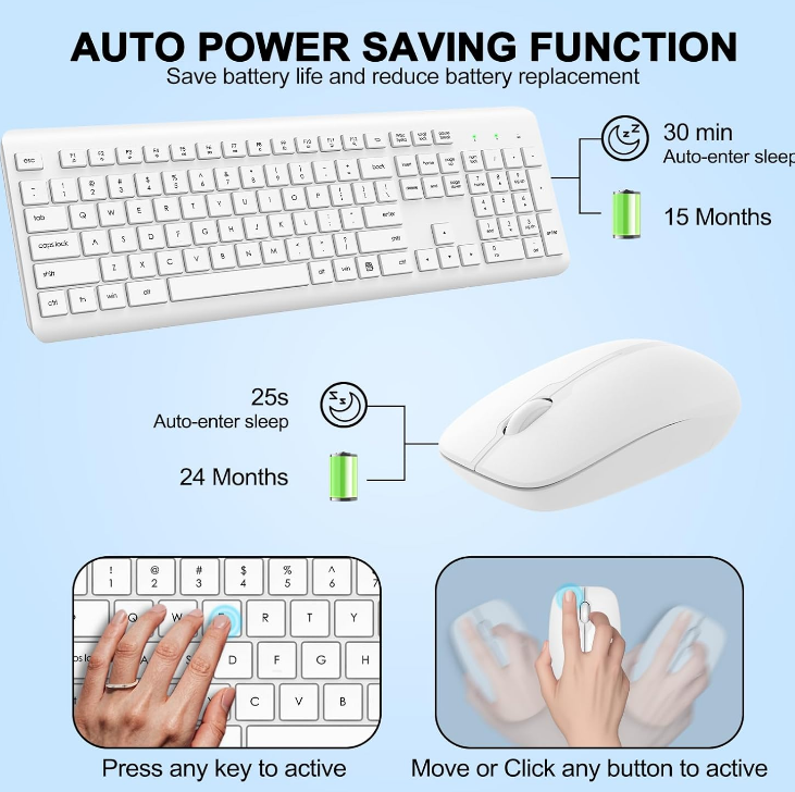 Wireless Keyboard & Mouse Combo-White USB Full-size Ergonomic Silent