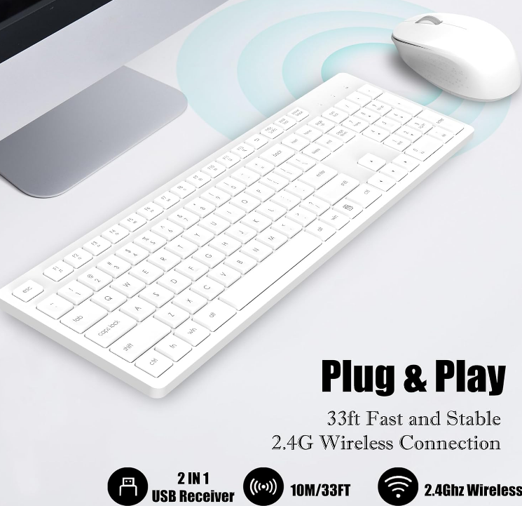 USB Wireless Keyboard & Mouse Combo-White Full-sized Keyboard Silent Mouse Click