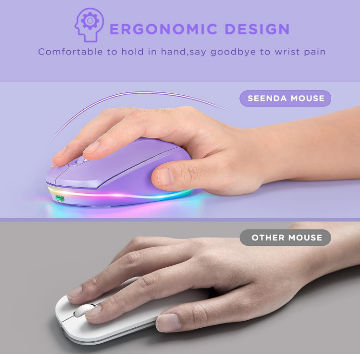 Small USB Wireless Mouse, Purple Rainbow Backlit Rechargeable