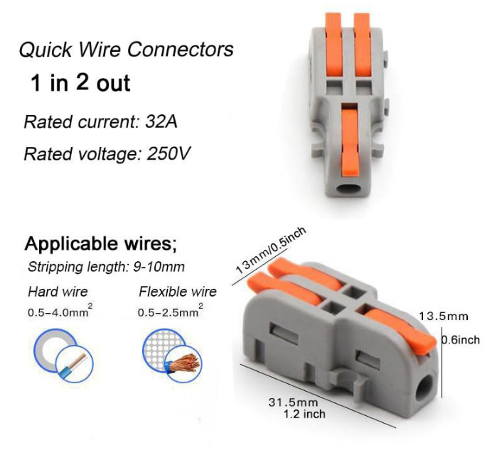 5 Wire Connectors Compact Lever Wire Nuts 1 In 2 Out 28-12 AWG Quick Connect