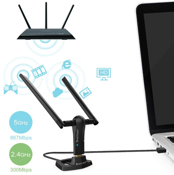 BrosTrend 1200Mbps Long Range 3.0 USB WiFi Adapter For Windows Dual Band 5G/2.4G