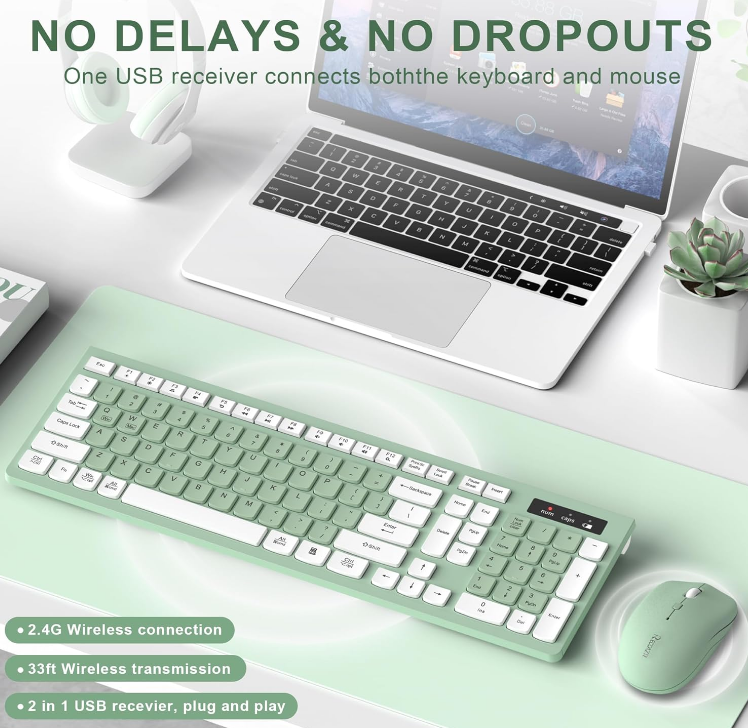 Avocado Green Wireless Keyboard & Mouse Bundle Adjustable DPI Silent Keyboard