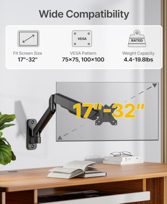 Single Monitor Wall Mount-Black Full Motion 17-32 Inch Screens Up to 19.8 Lbs