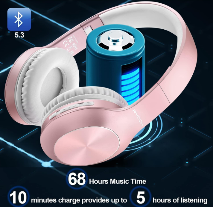 Rose Gold 5.3 Bluetooth Headphones Over Ear 68H Playtime Built-In Mic 3 EQ Mode
