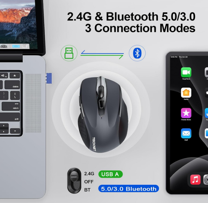 Tecknet Bluetooth 5.0/3.0 & USB Wireless Mouse-Grey With Adjustable DPI 6 Buttons Wide Compatibility