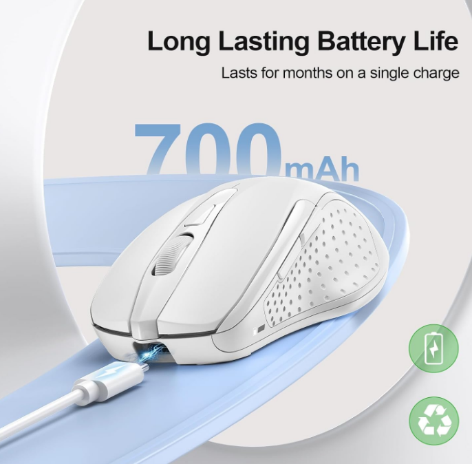 Tecknet Rechargeable Wireless Mouse-White USB Silent Click Adjustable DPI 4800 Max