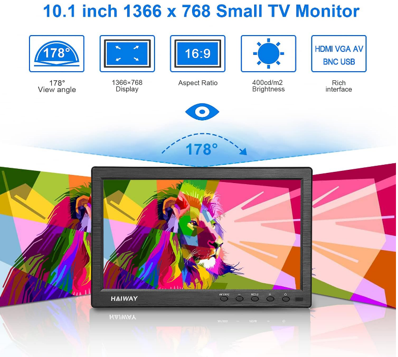 10.1 Inch Security Monitor, 1366x768 Resolution w/ Remote Control Built-in Speakers Gaming Monitor