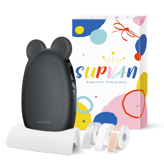 Supvan E10 Bluetooth Label Maker Gift Package, Black 3 Tape Rolls Stand Charger Cord