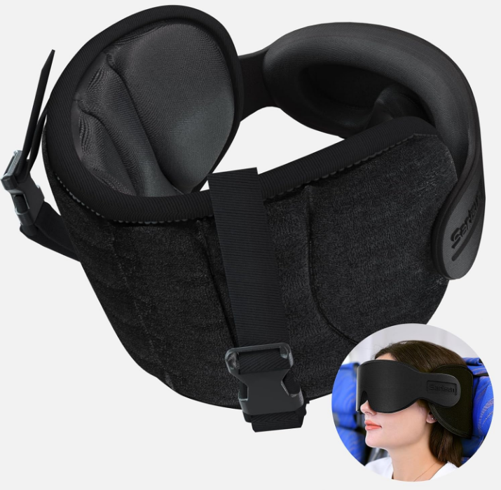 Travel/Airplane Pillow With Head Strap & Sleep Eye Mask 360° Support