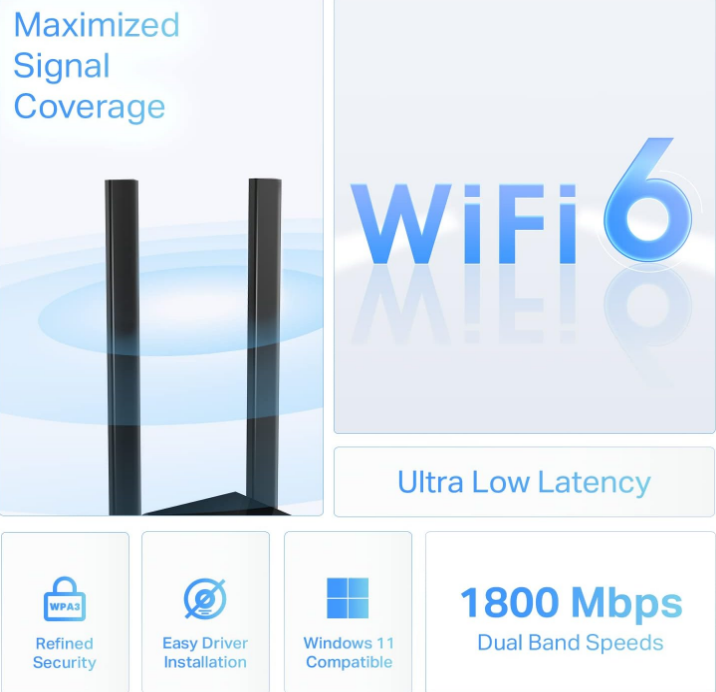 TP-Link WiFi 6 USB Adapter For Desktop PC AX1800 Archer TX20U Plus WPA3