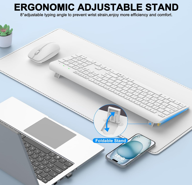 Wireless Keyboard & Mouse Combo-White USB Full-size Ergonomic Silent