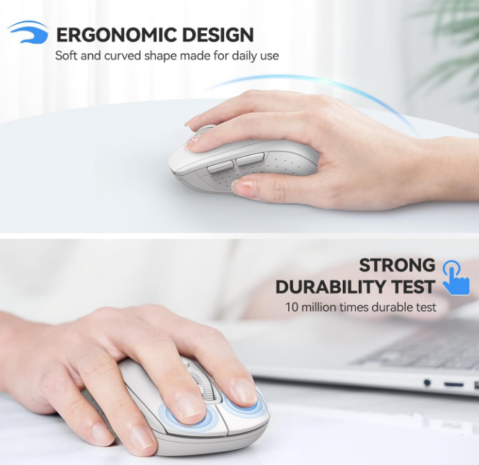 Dual Bluetooth & USB Wireless Mouse-White 4000 Max DPI Connect 2 Devices