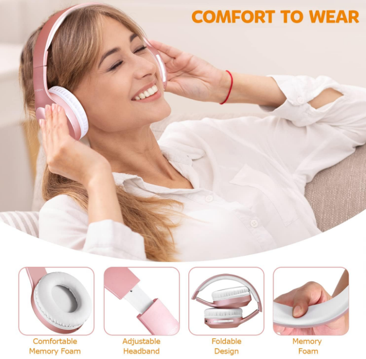Rose Gold 5.3 Bluetooth Headphones Over Ear 68H Playtime Built-In Mic 3 EQ Mode