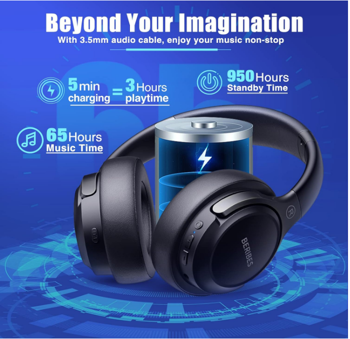 Beribes Bluetooth Headphones-Black Over Ear 65H Playtime Hands Free Calling Foldable HiFi Stereo