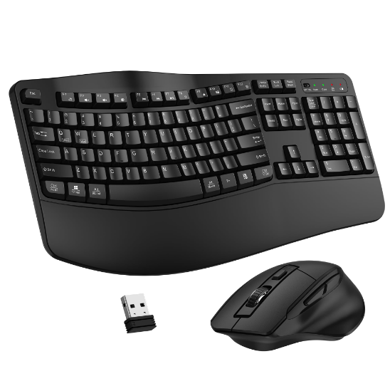 Wave Ergonomic Wireless Keyboard And Mouse Bundle-Black Wrist Rest 3-Level DPI