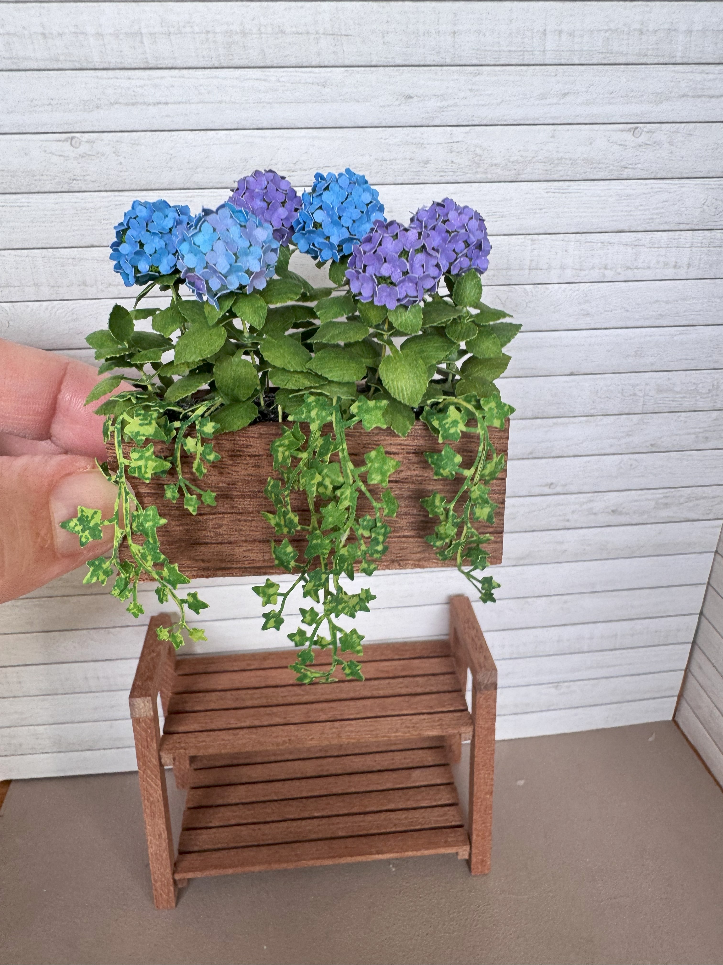Miniature 6x Blue/Purple Hydrangeas with shelf and planter box, Ivy flowers  1:12 dollshouse fairy cat garden