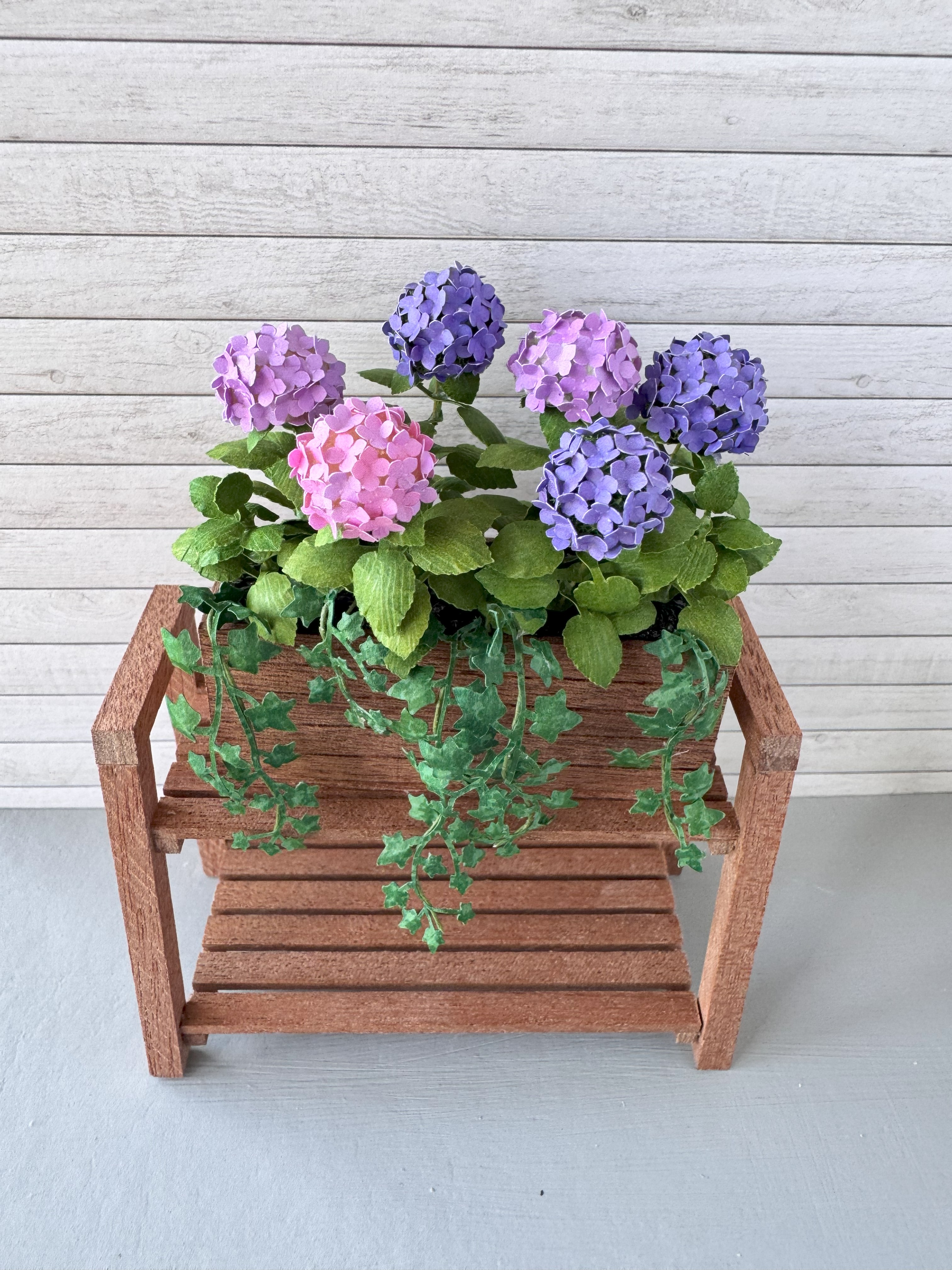 Miniature 6x Pink/Purple Hydrangeas with shelf and planter box, Ivy flowers  1:12 dollshouse fairy cat garden