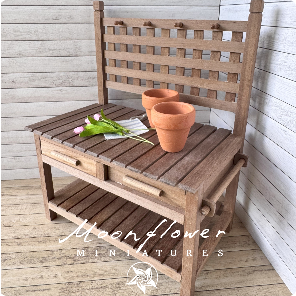 OOAK Dollhouse 1:12 Miniature Garden potting bench table Handmade fairy garden