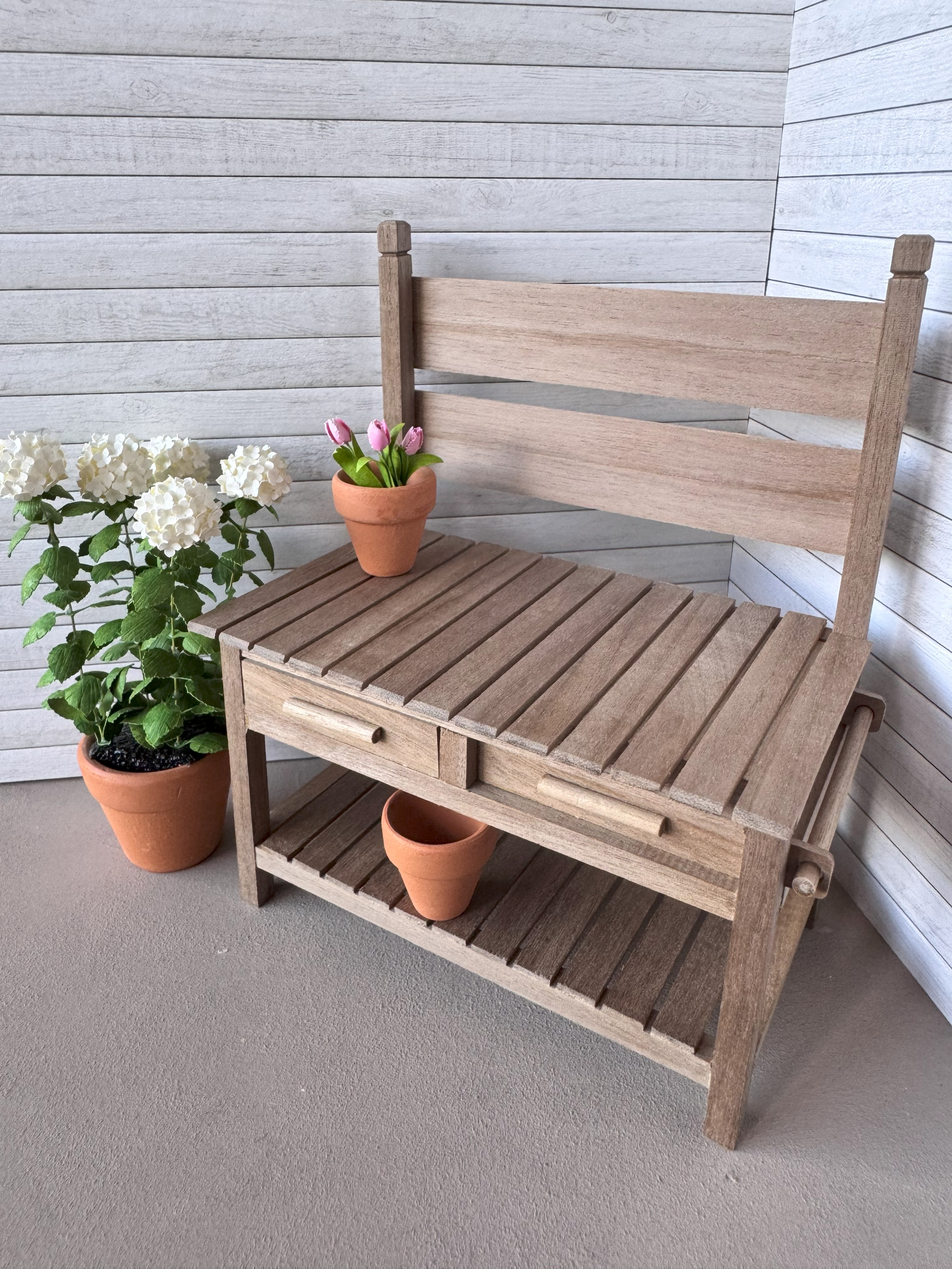 OOAK Dollhouse 1:12 Miniature Garden potting bench table Handmade fairy garden