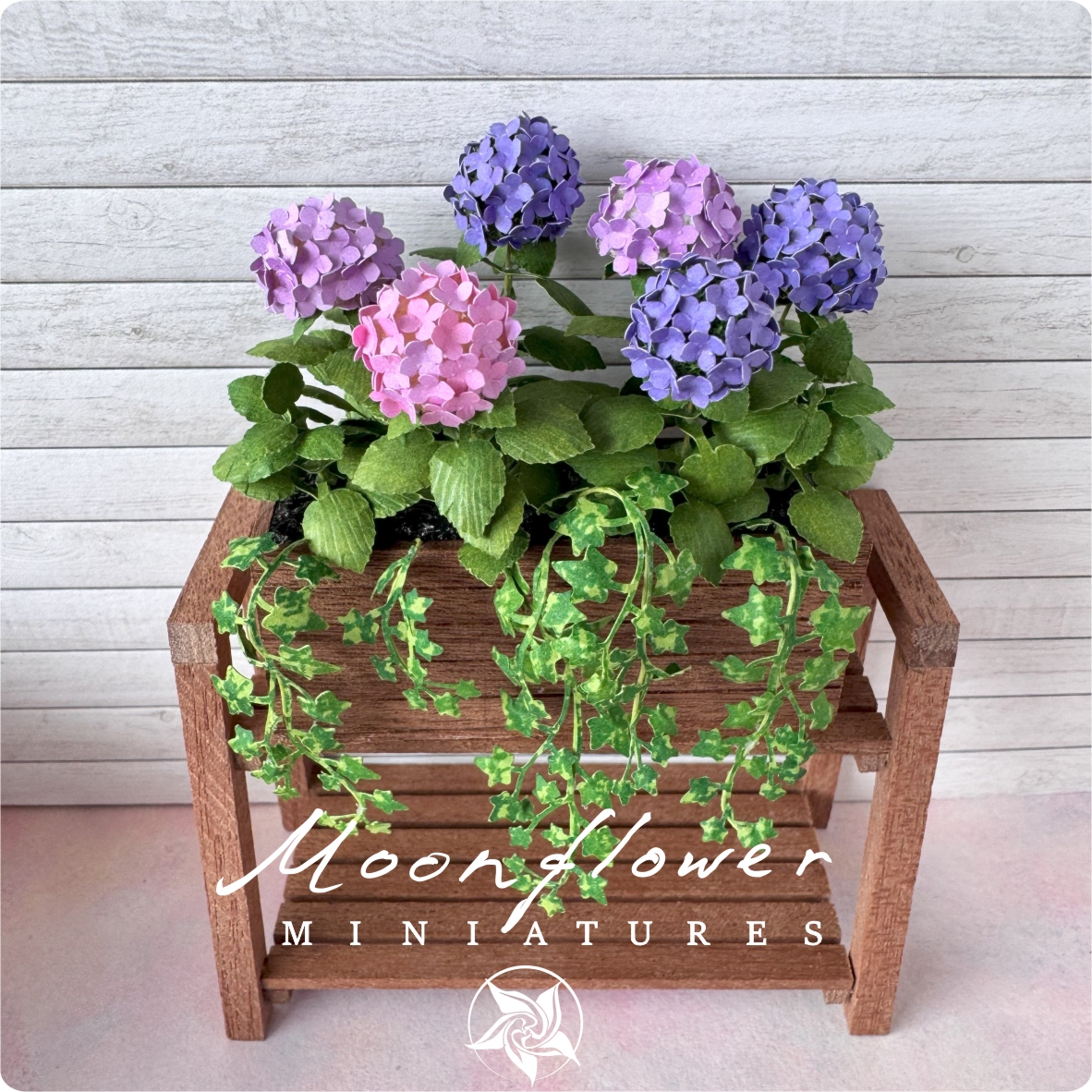 Miniature 6x Pink/Purple Hydrangeas with shelf and planter box, Ivy flowers 1:12 dollshouse fairy cat garden