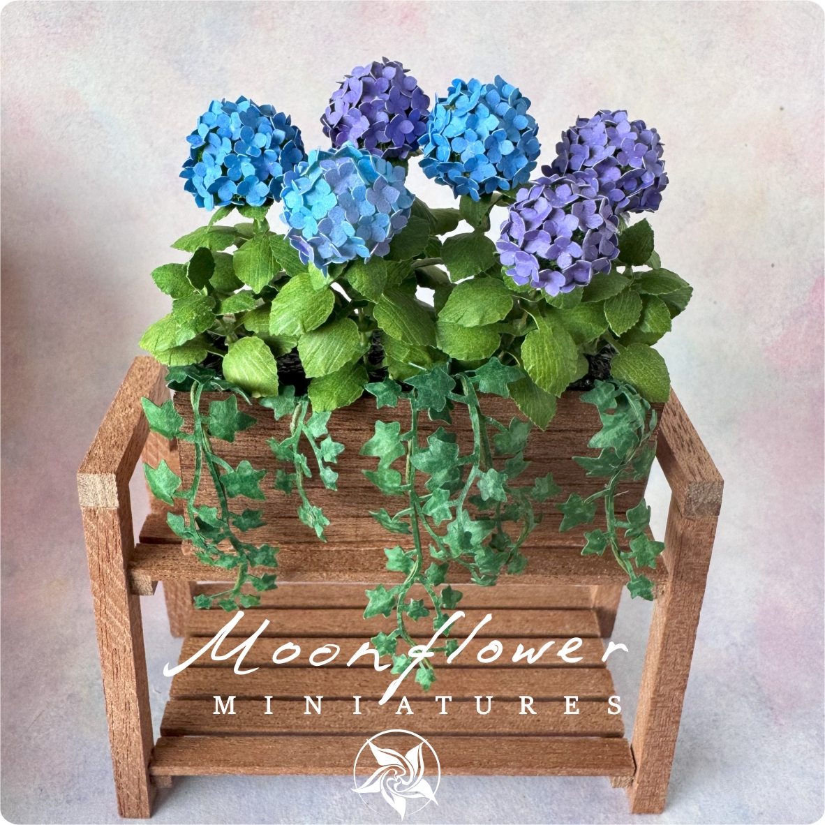 Miniature 6x Blue/Purple Hydrangeas with shelf and planter box, Ivy flowers 1:12 dollshouse fairy cat garden
