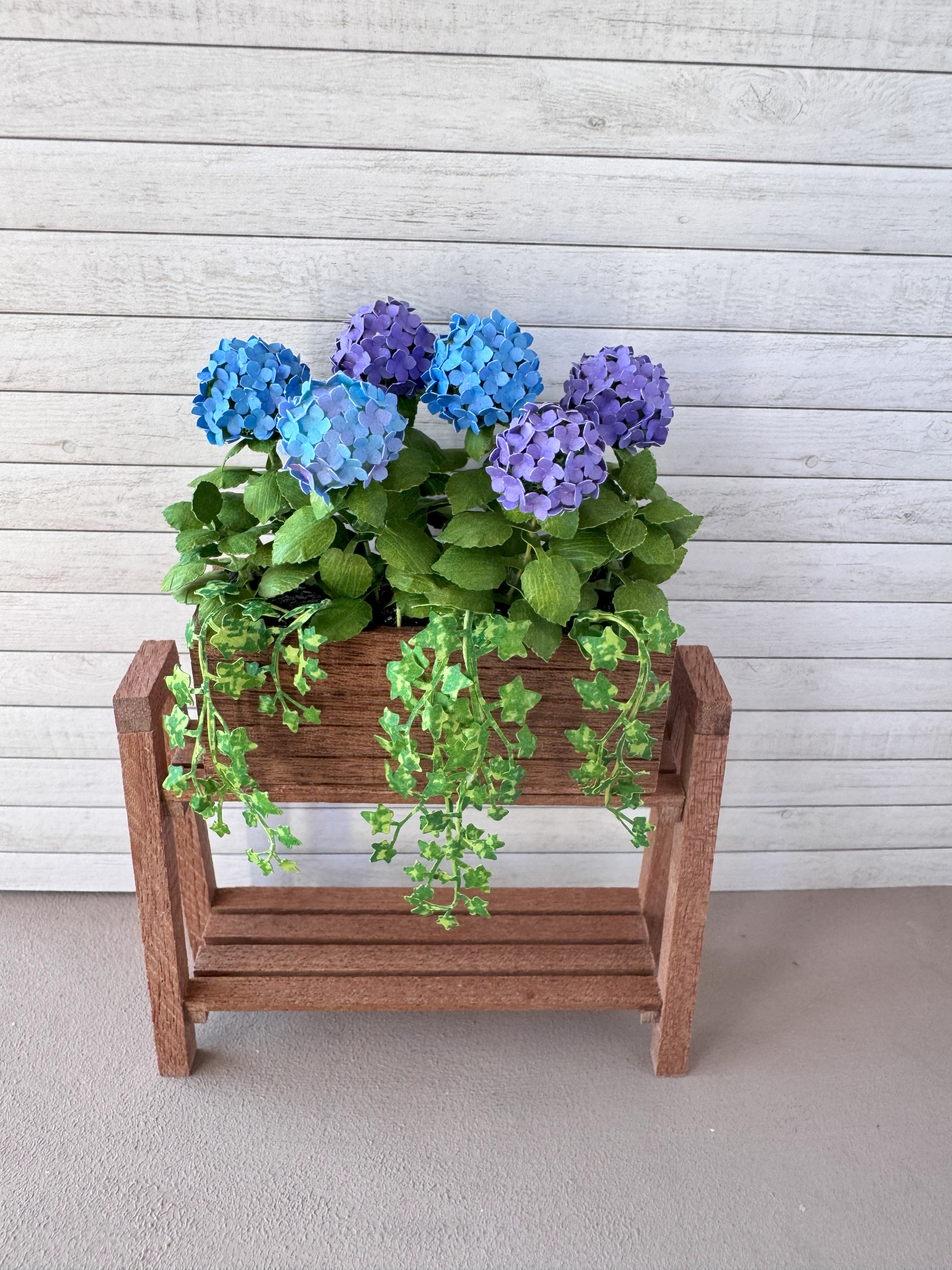 Miniature 6x Blue/Purple Hydrangeas with shelf and planter box, Ivy flowers  1:12 dollshouse fairy cat garden