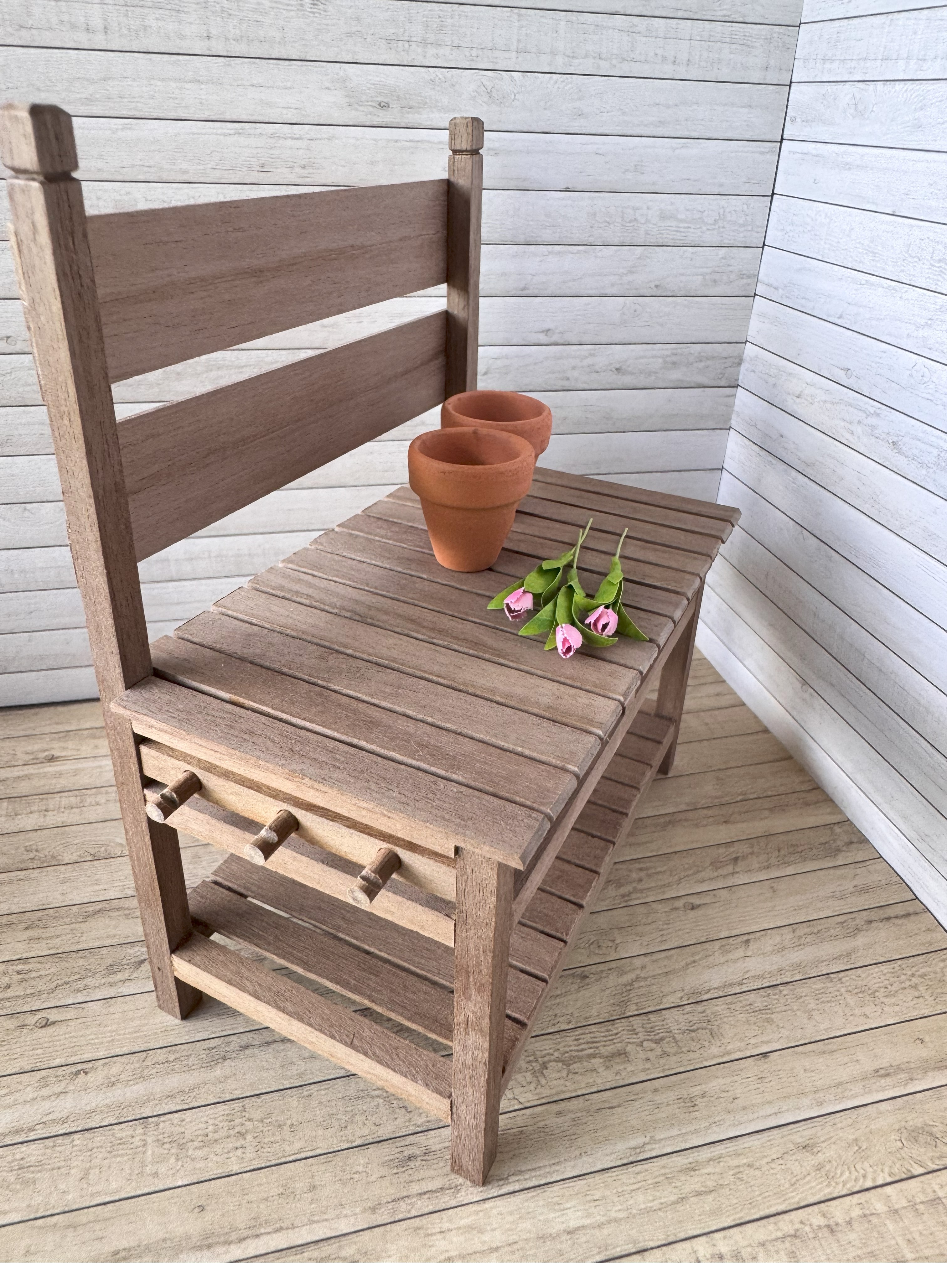 OOAK Dollhouse 1:12 Miniature Garden potting bench table Handmade fairy garden