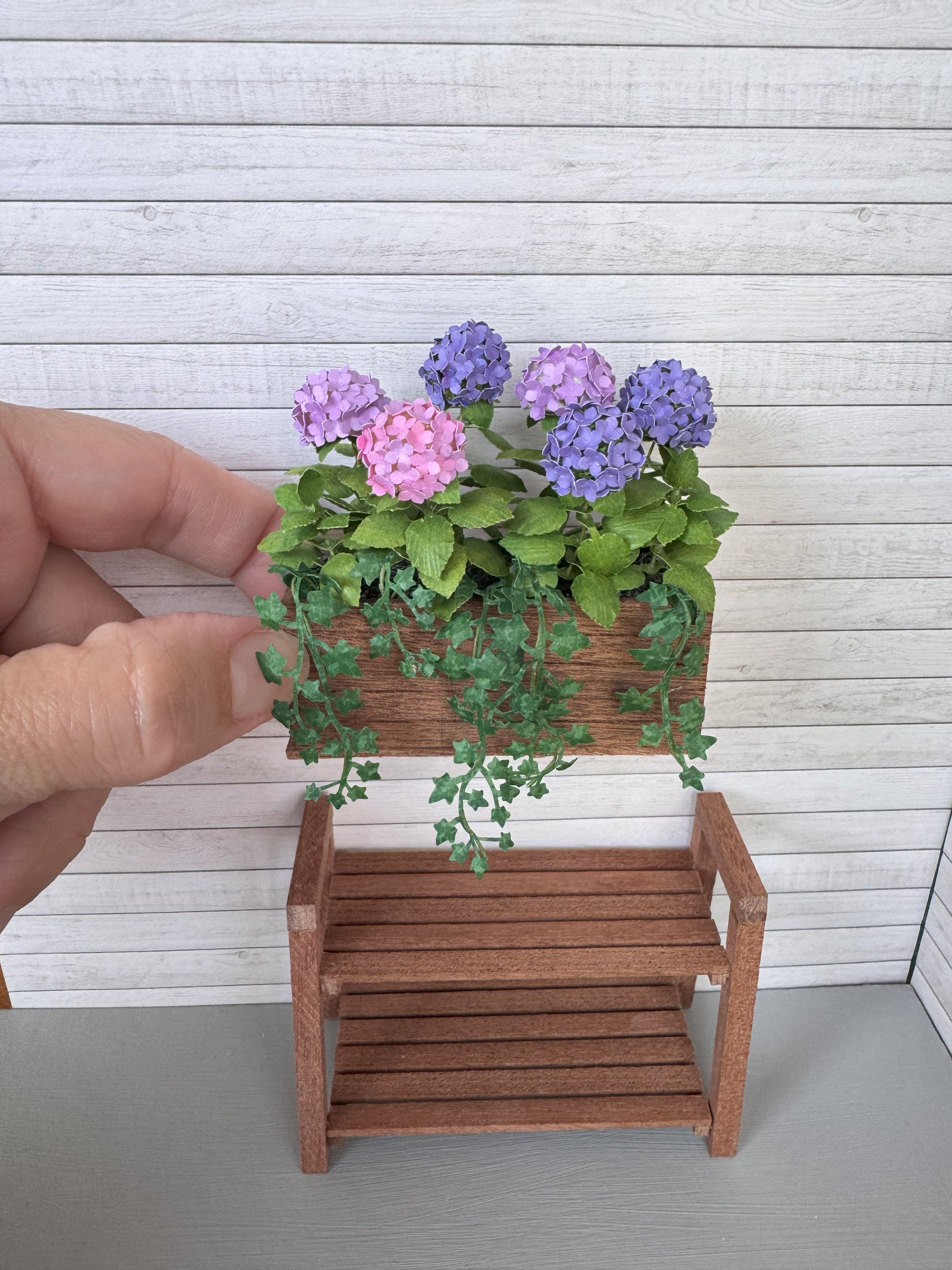 Miniature 6x Pink/Purple Hydrangeas with shelf and planter box, Ivy flowers  1:12 dollshouse fairy cat garden