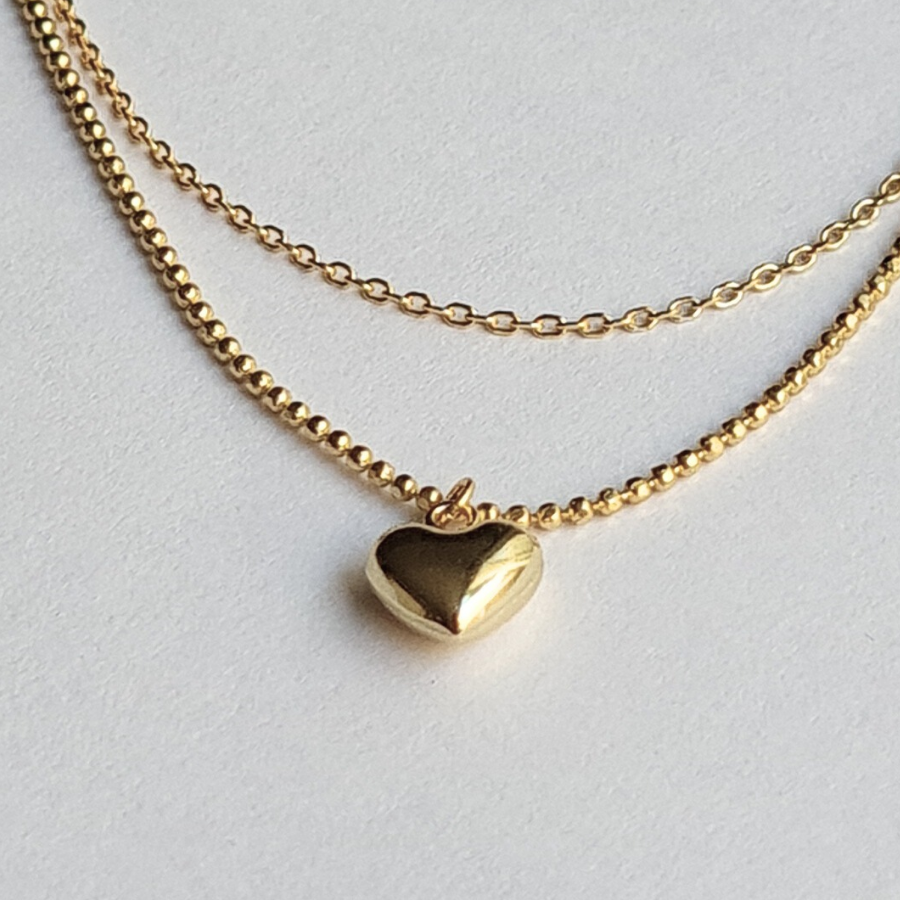 Collar Doble con Colgante de Corazón de Plata 925 Dorada