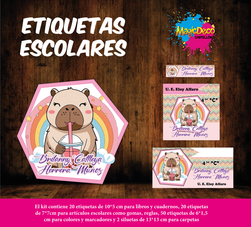 Kit Etiquetas escolares de Capibara Rosa