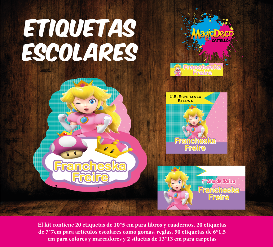 Kit de Etiquetas escolares personalizadas de Princesa Peach