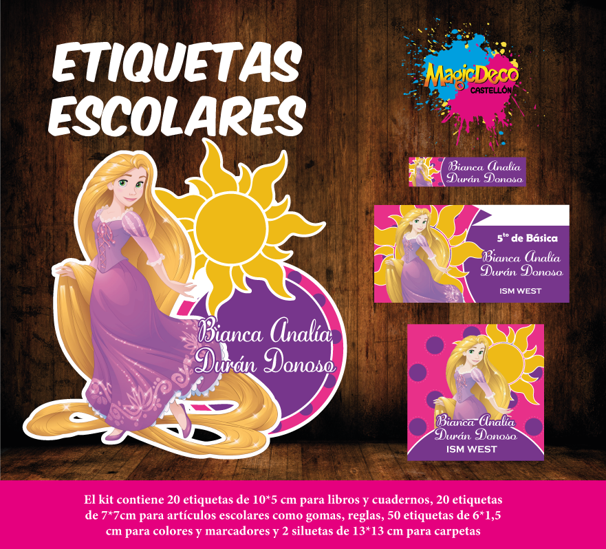 Kit de Etiquetas escolares personalizadas de Rapunzel