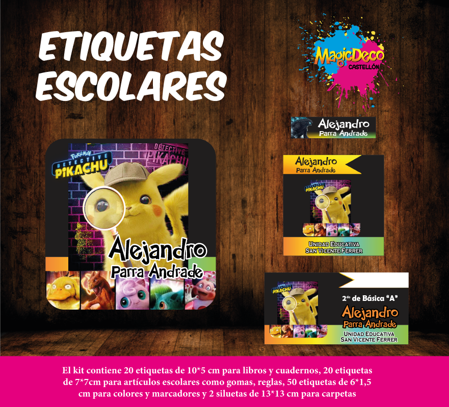 Etiquetas escolares de Detective Picachu