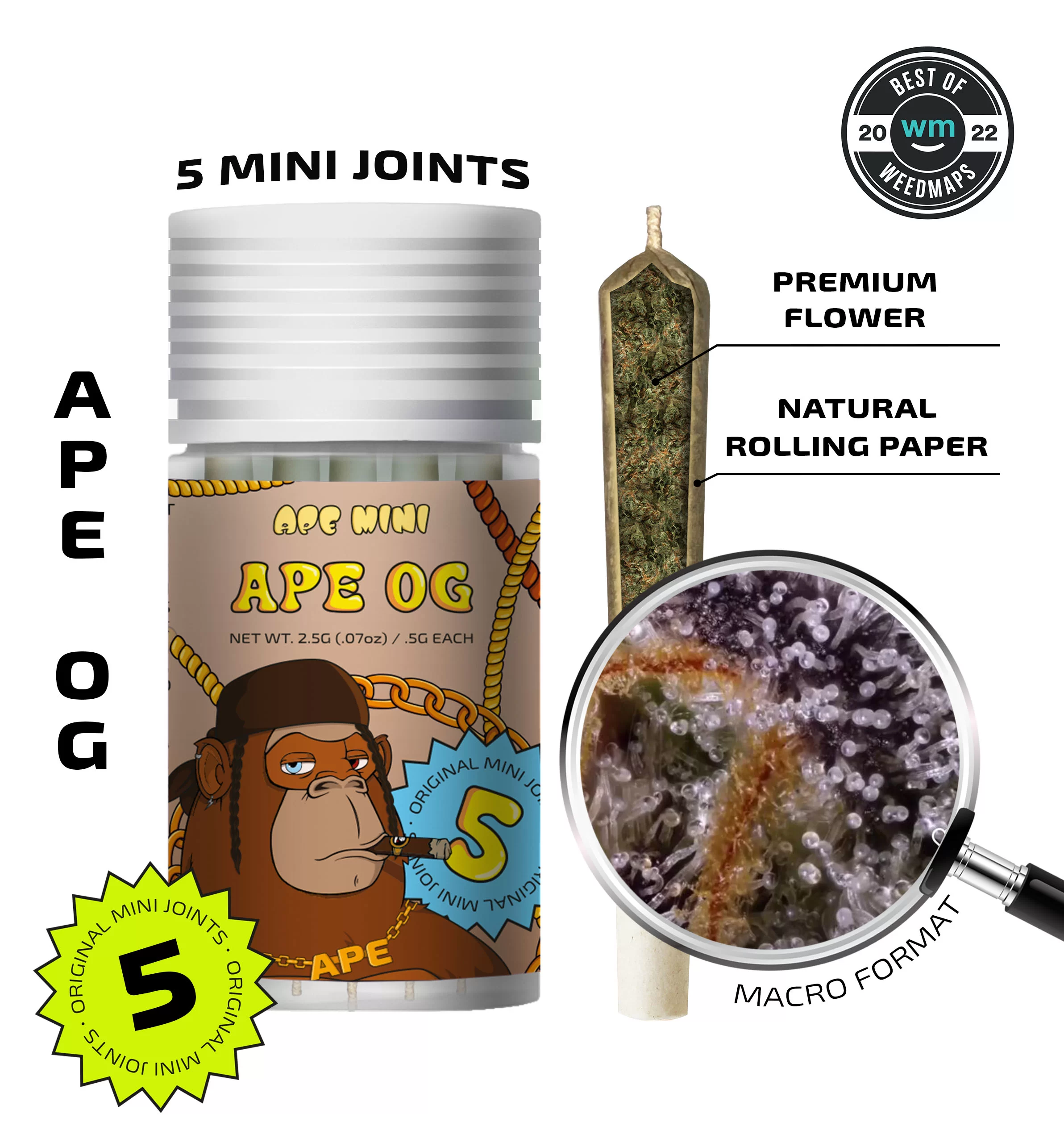 Ape - 5 Mini THCa Diamond Infused Joints Jar - LABOR DAY SALE!