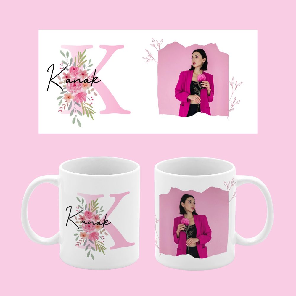 Pink Floral Initial Personalized Mug