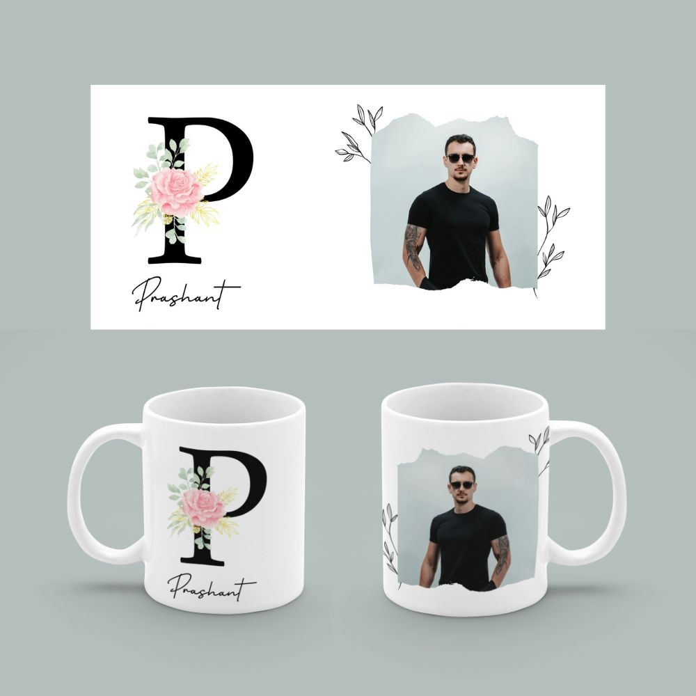 Personalized Black Floral Initial Mug