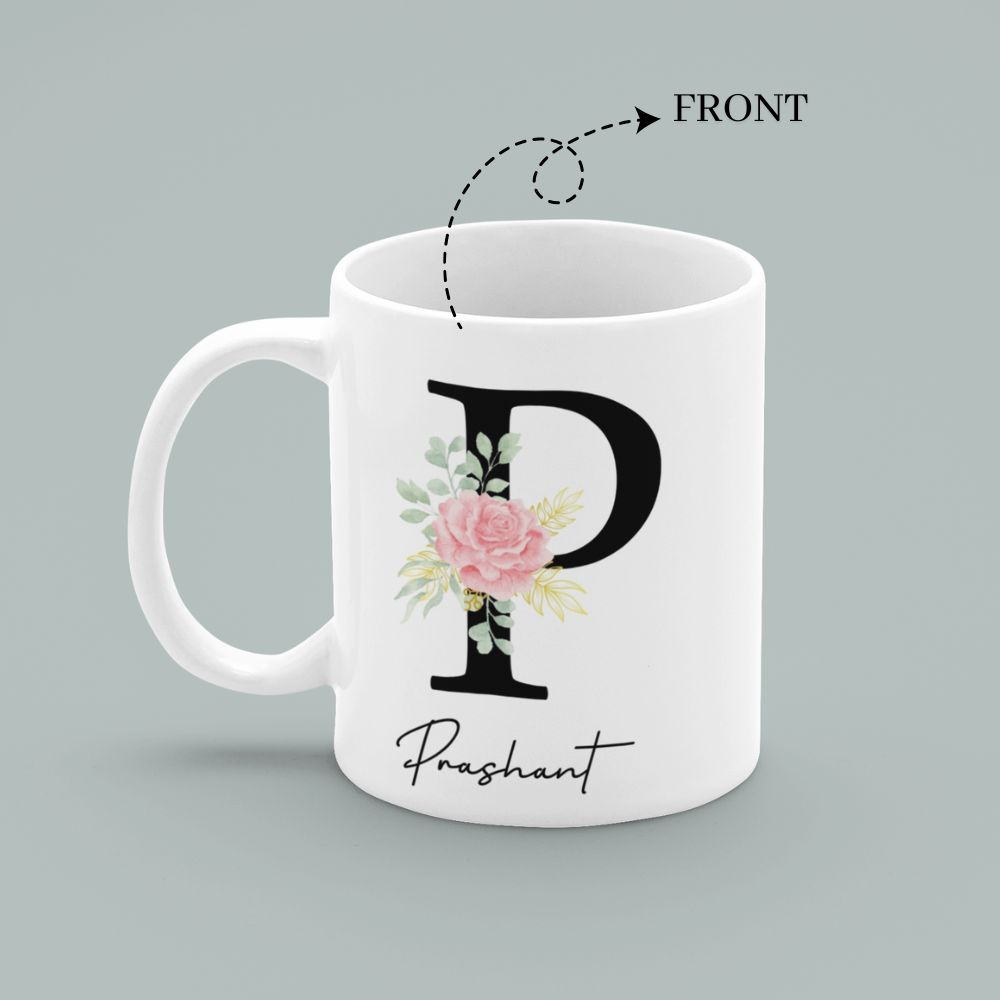 Personalized Black Floral Initial Mug