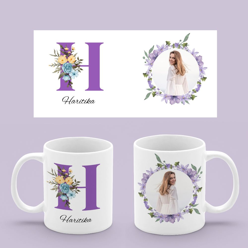 Custom Personalized Purple Floral Initial Mug