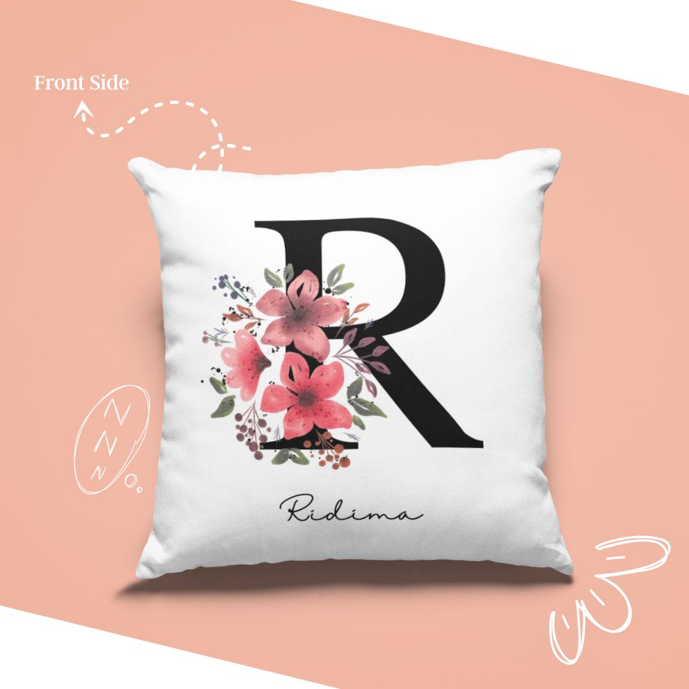 Floral Initial with customized Photo Double sided Printed Pillow