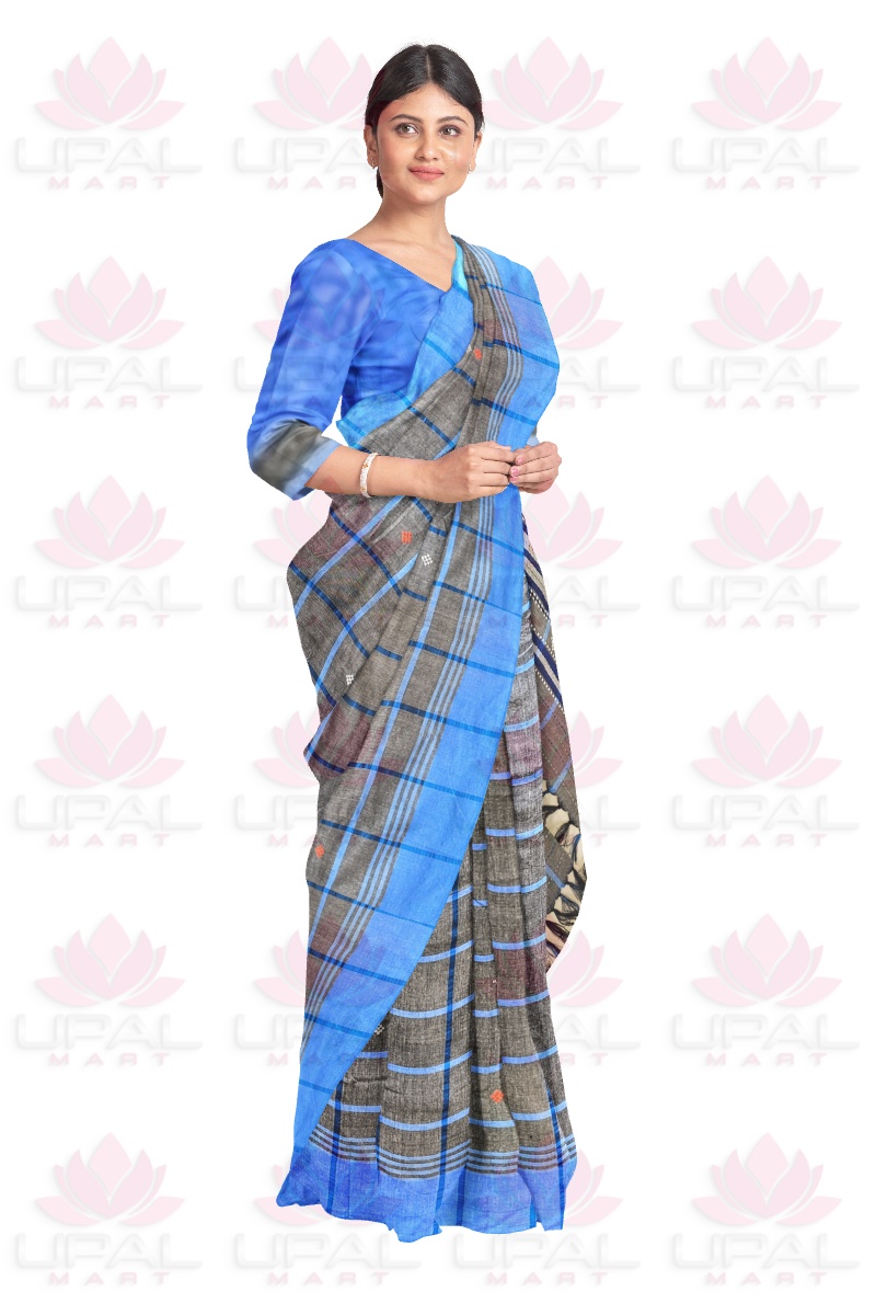 Elegant Blue Plaid Santhal Lumang Fhuta Saree