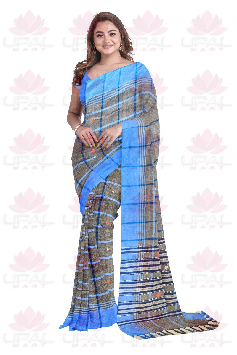 Elegant Blue Plaid Santhal Lumang Fhuta Saree