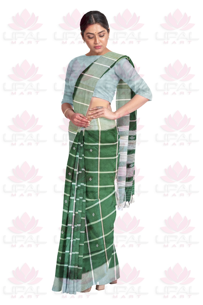 Green Checkered Santhal Lumang Fhuta Saree