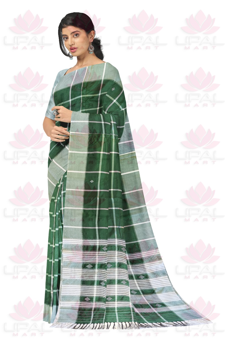 Green Checkered Santhal Lumang Fhuta Saree