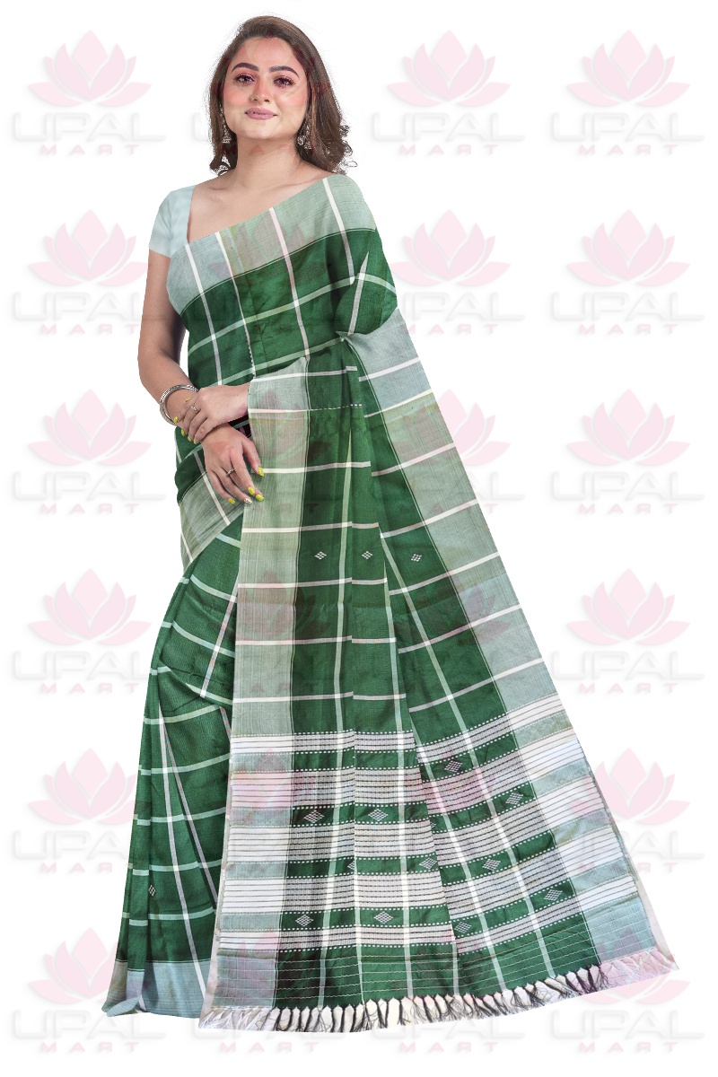 Green Checkered Santhal Lumang Fhuta Saree