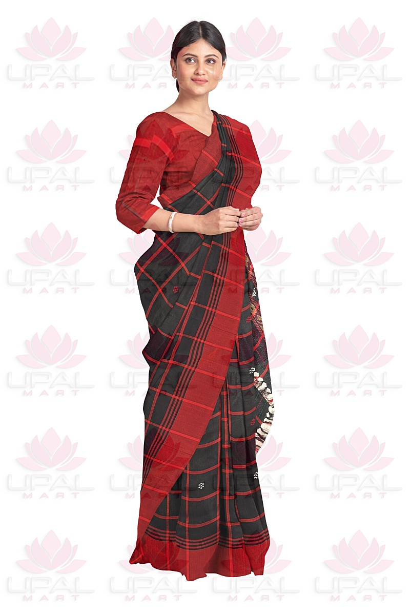Red and Black Plaid Santhal Lumang Fhuta Saree