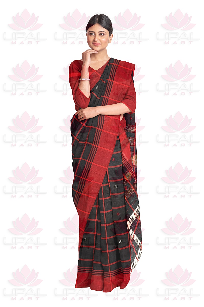 Red and Black Plaid Santhal Lumang Fhuta Saree