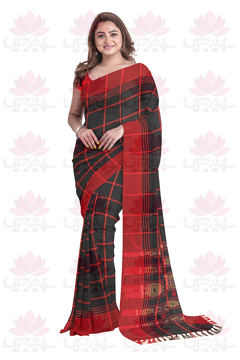Red and Black Plaid Santhal Lumang Fhuta Saree
