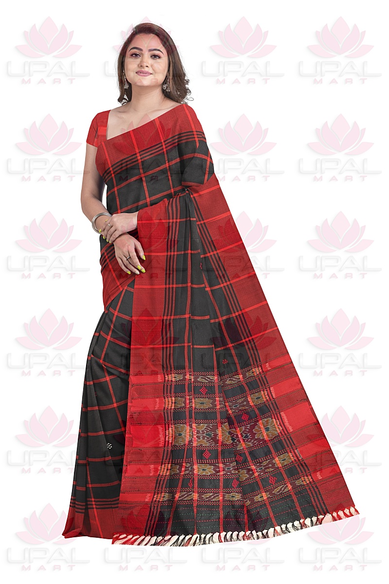 Red and Black Plaid Santhal Lumang Fhuta Saree