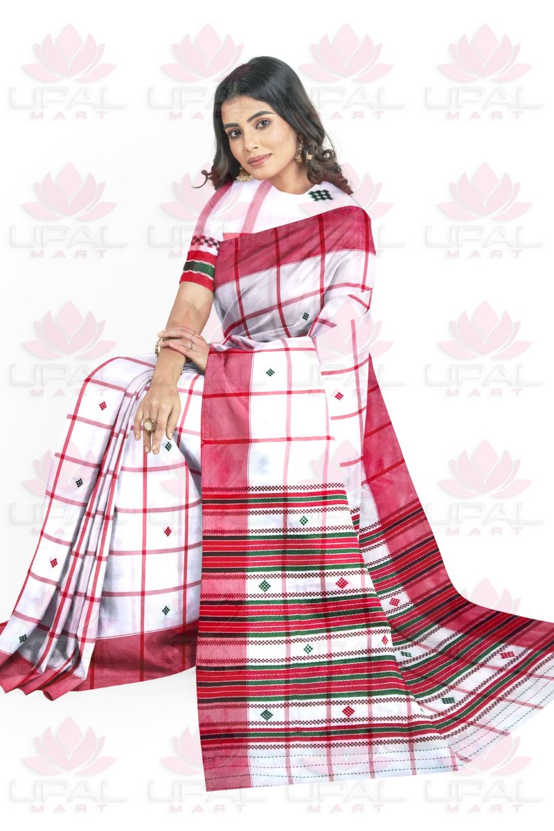 Elegant Red and White Handloom Lumang Fhuta Saree